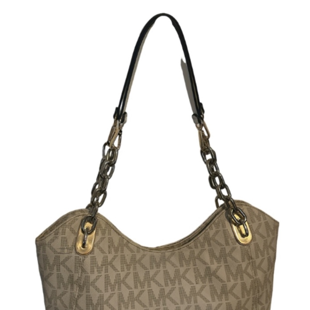 Michael Kors White Monogram Gold Chain "Lilly Tote" Shoulder Bag - Picture 3 of 13